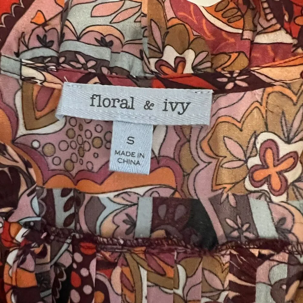 Floral & Ivy Pleated Belted Mixed Print Blouse drape flowy long sleeve Small - Picture 10 of 11